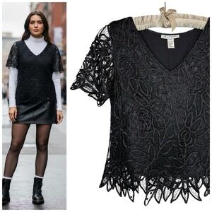Vintage Silken Poetry S Silk‎ Black Beaded Crochet Lace Top Whimsigoth Fairy